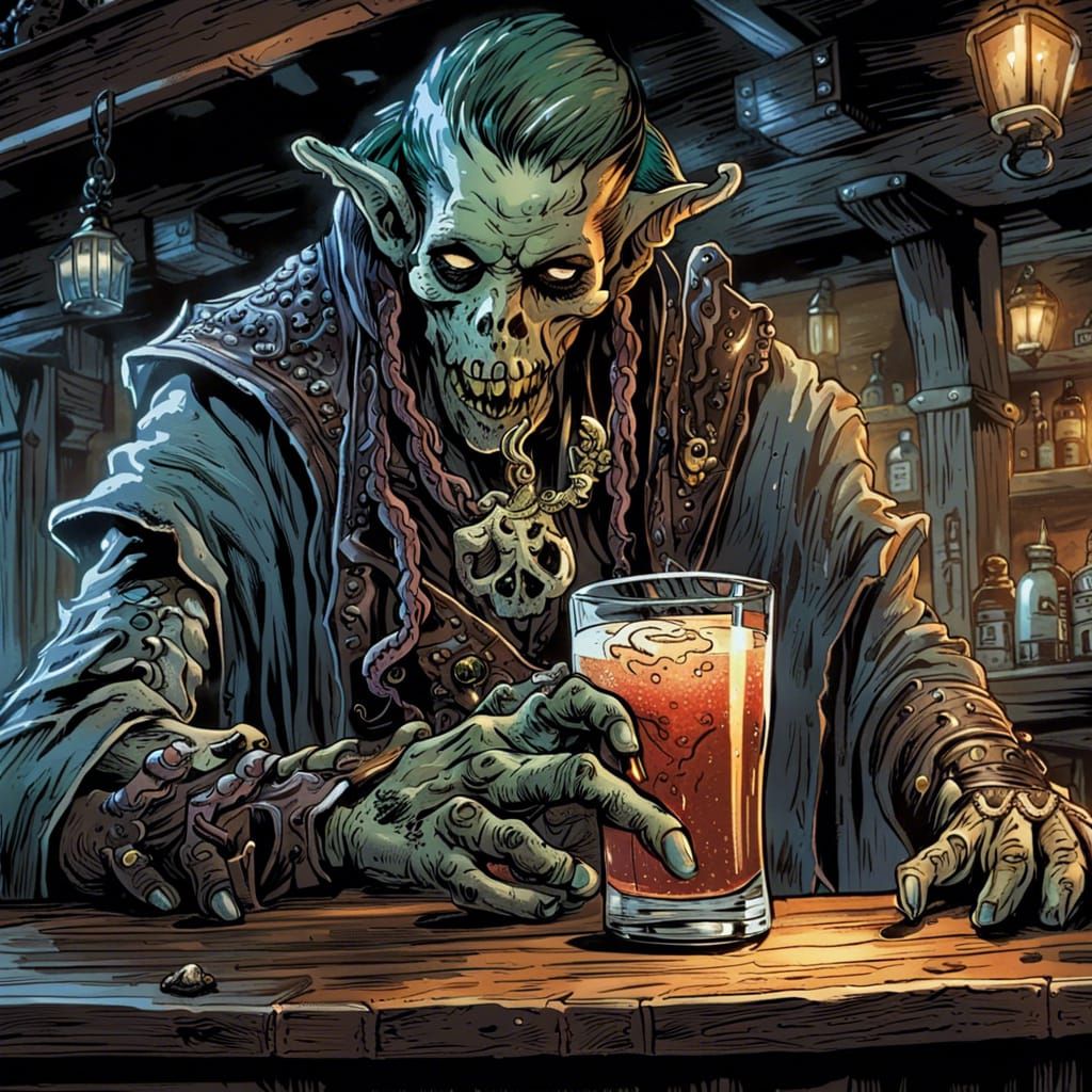 Undead Pirate Elf at Medieval Bar, Comic Art