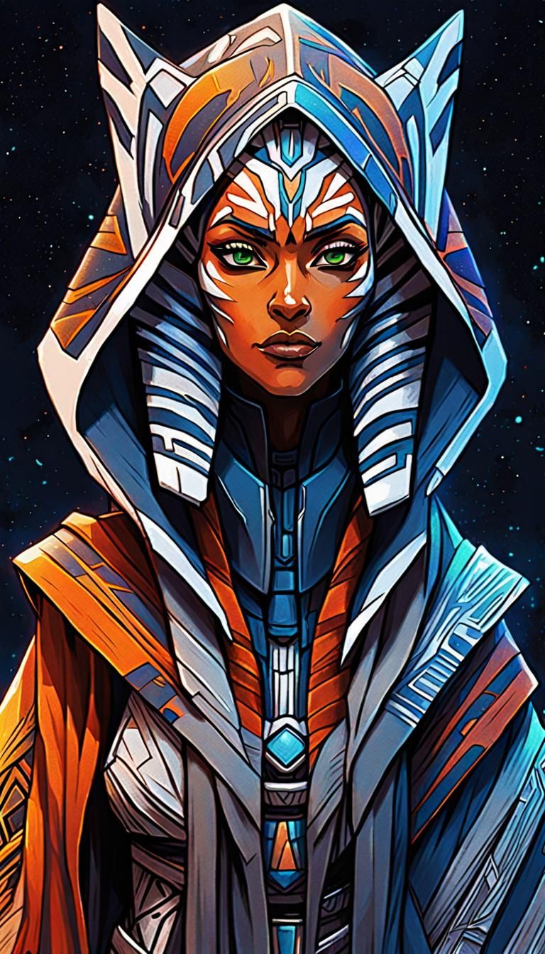 Anime Style Ahsoka Tano in Cyberpunk Zentangle Sketch