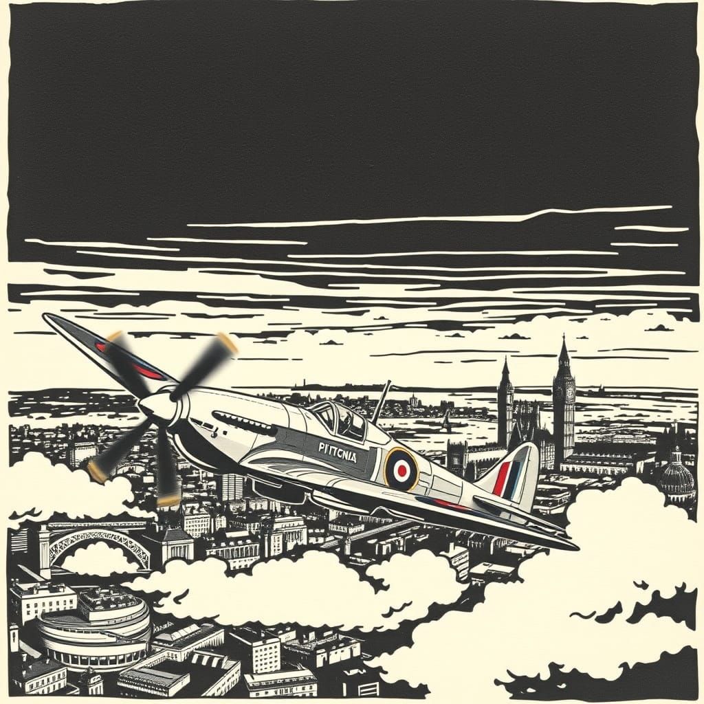 Vintage Aviation Woodcut of Spitfire Over London