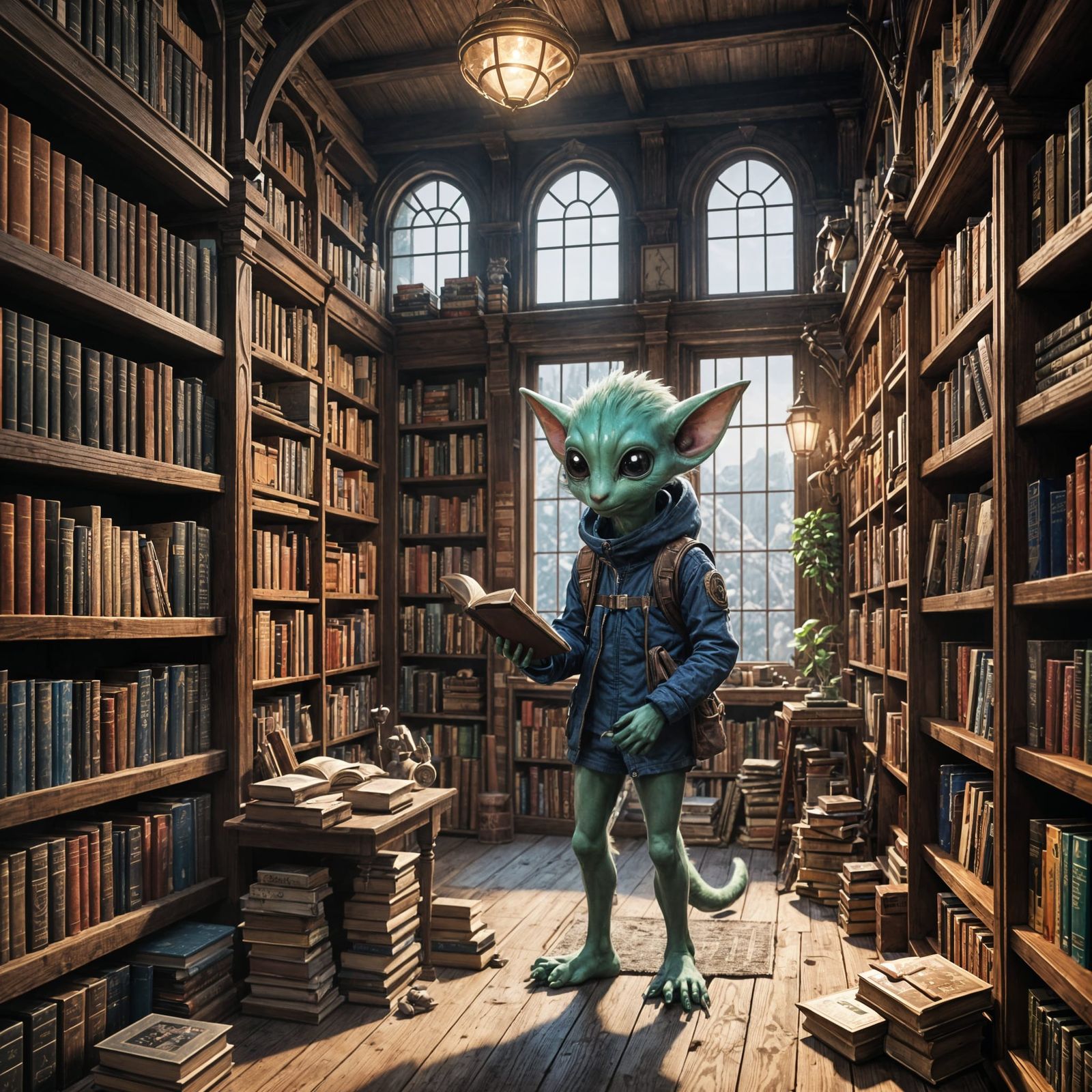 Furry Alien Bibliophile in Anime Style
