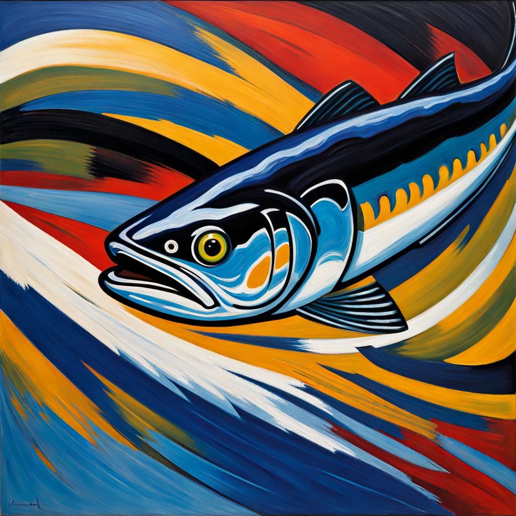 Expressionist Trout Painting in White, Blue and Black