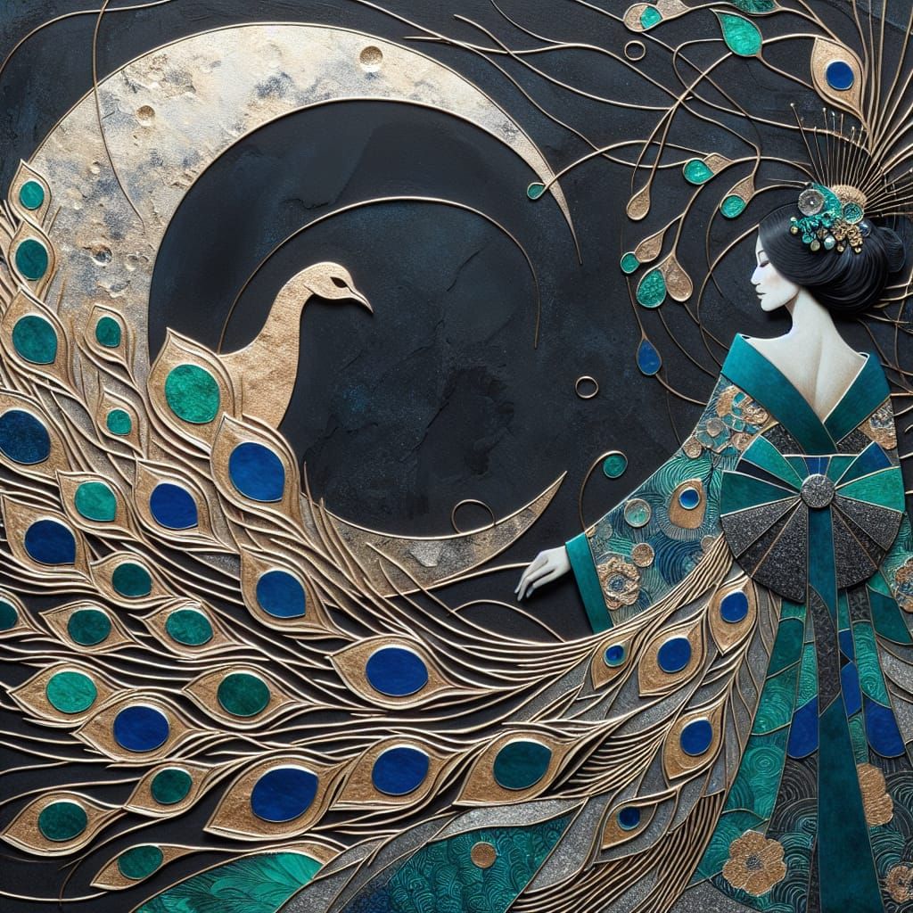 Luxurious Kimono Dancer Amidst Dark Stone and Peacock Feathe...