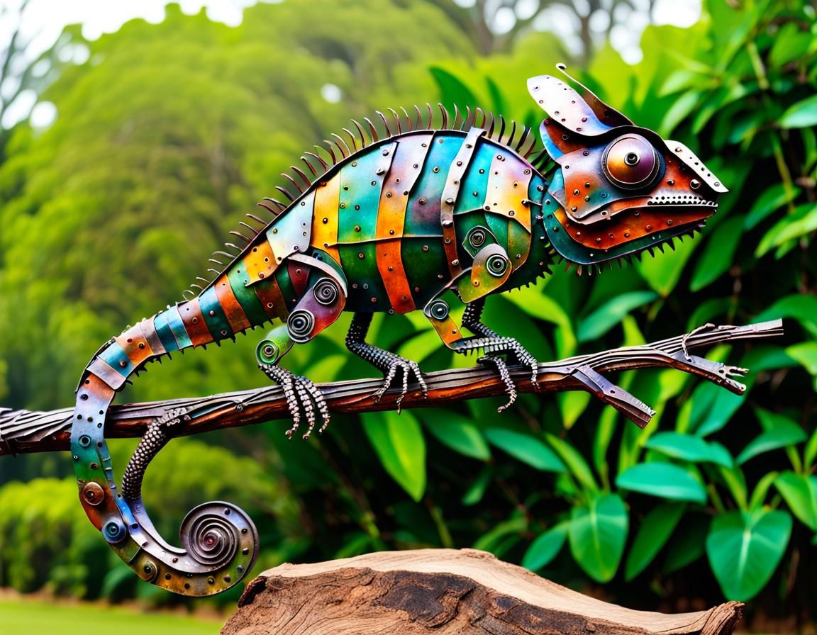 Scrap metal art chameleon