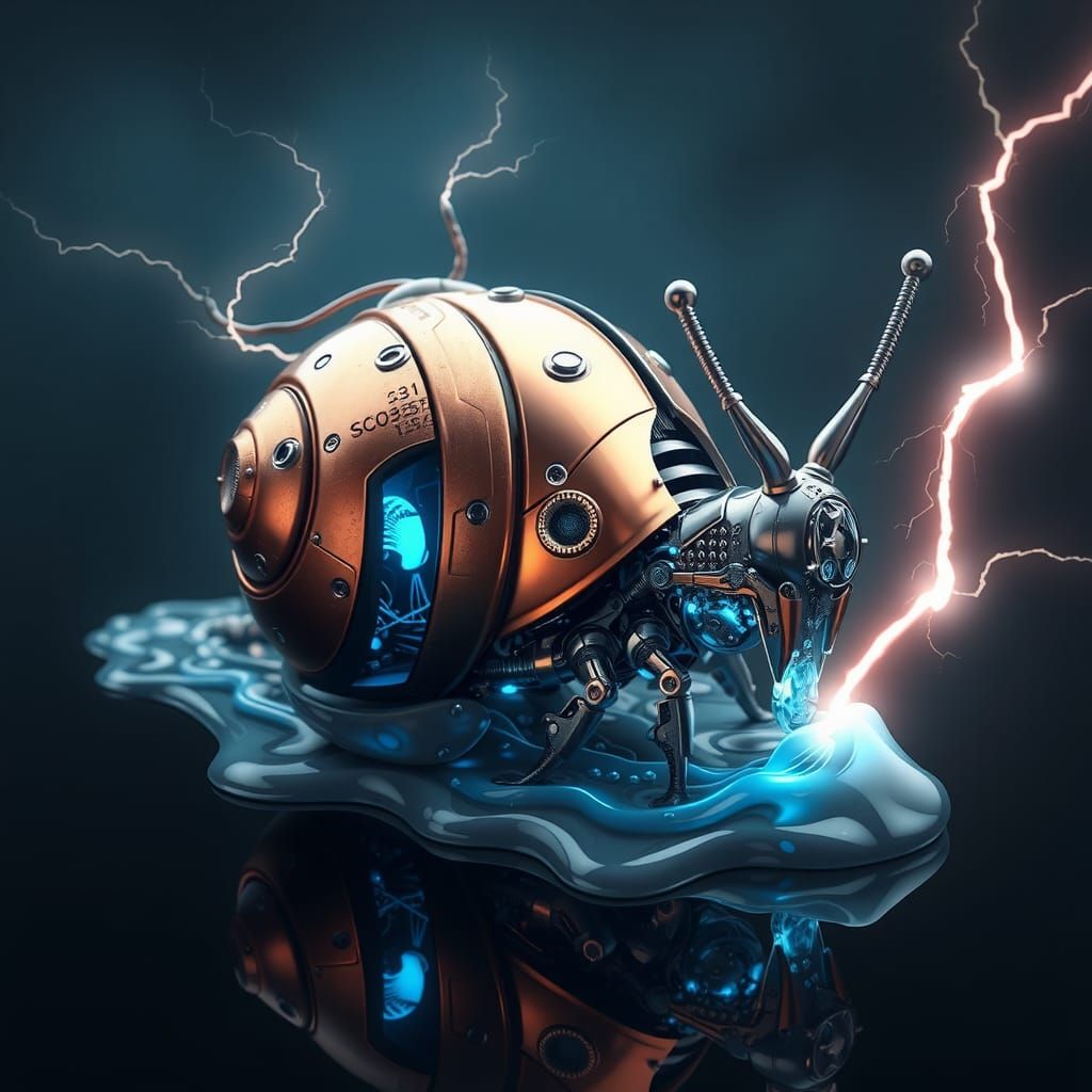 Close-up of a complicated robot snail with a  lightning on the feeler sci-fi