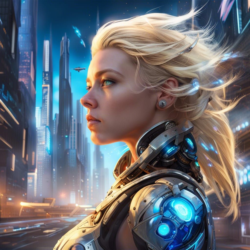 Futuristic Warrior Woman in a Cyberpunk Cityscape