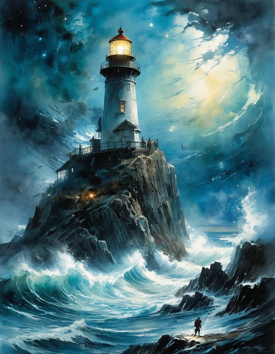 Ocean Storm Lighthouse: Watercolor Fantasy Art
