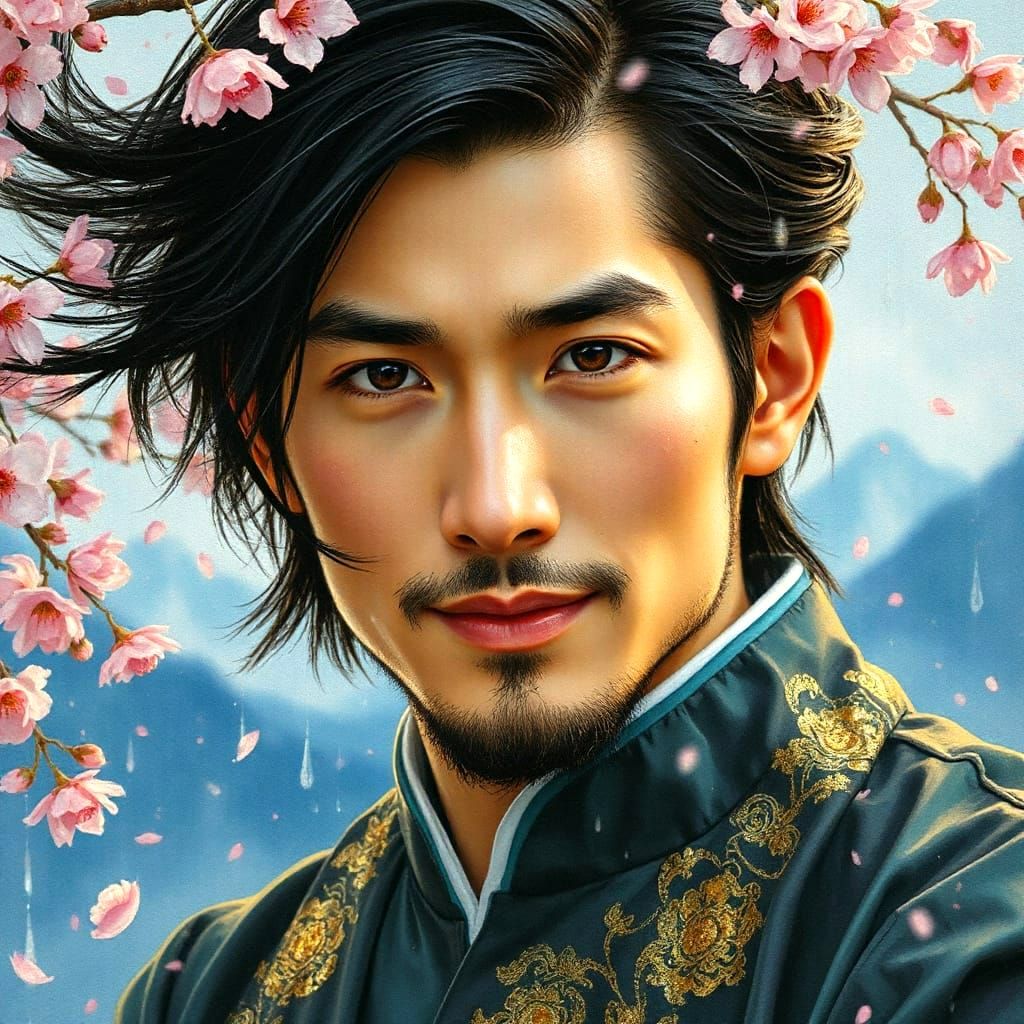 Serene Asian Man in Vibrant Watercolour Style with Cherry Bl...