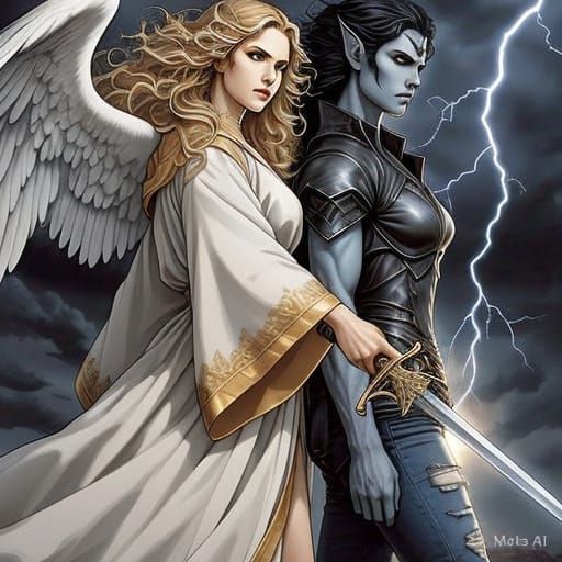 Ethereal Angel Confronts Dark Demon in Ruined Church