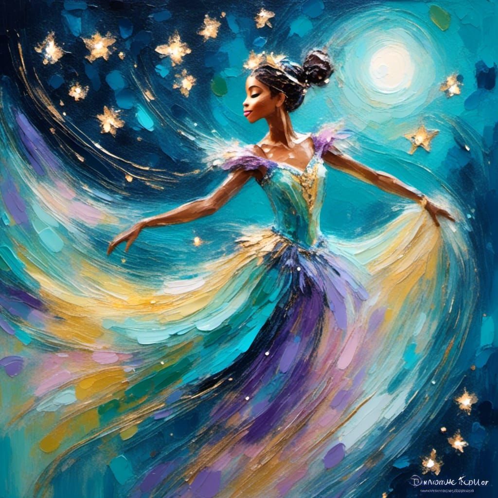 Dancer Under Falling Stars in Whimsical Concept Art