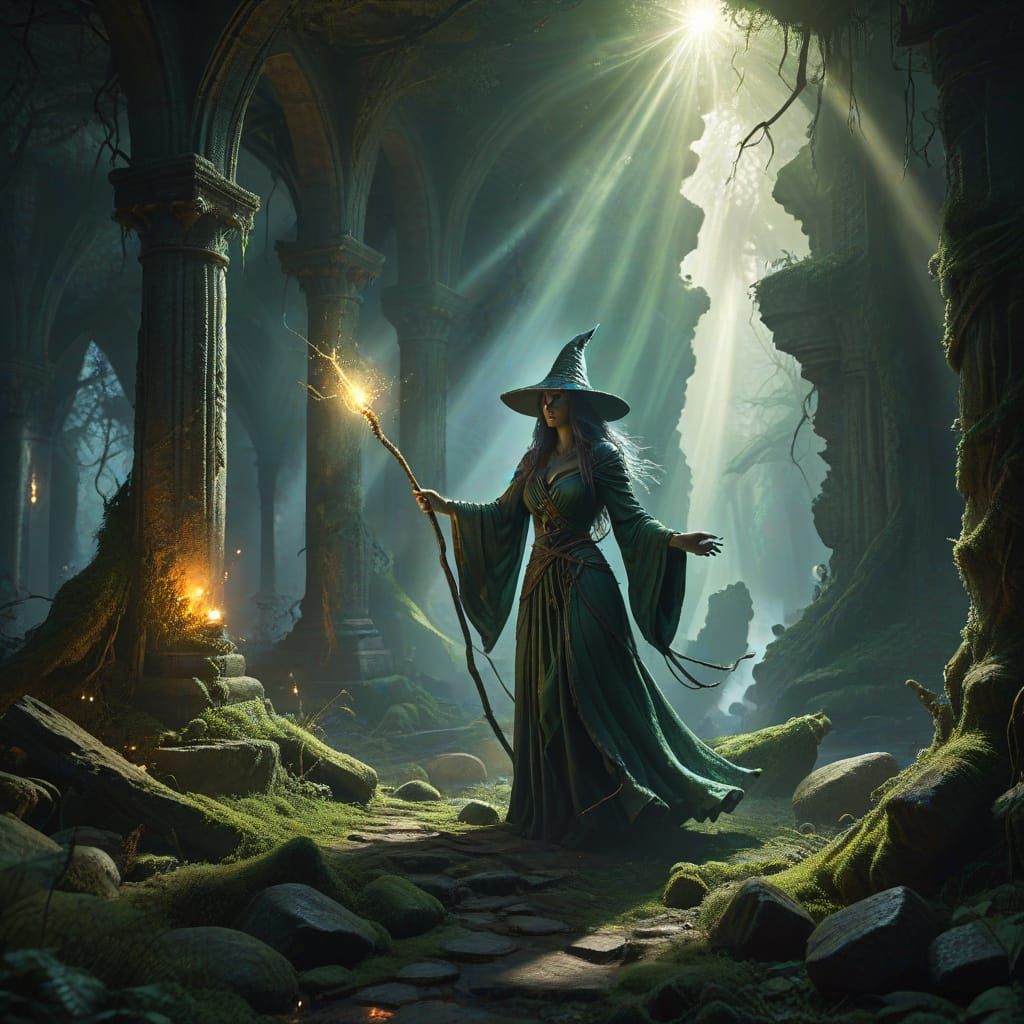 Mystical Witch Conjuring Magic in Ancient Ruins