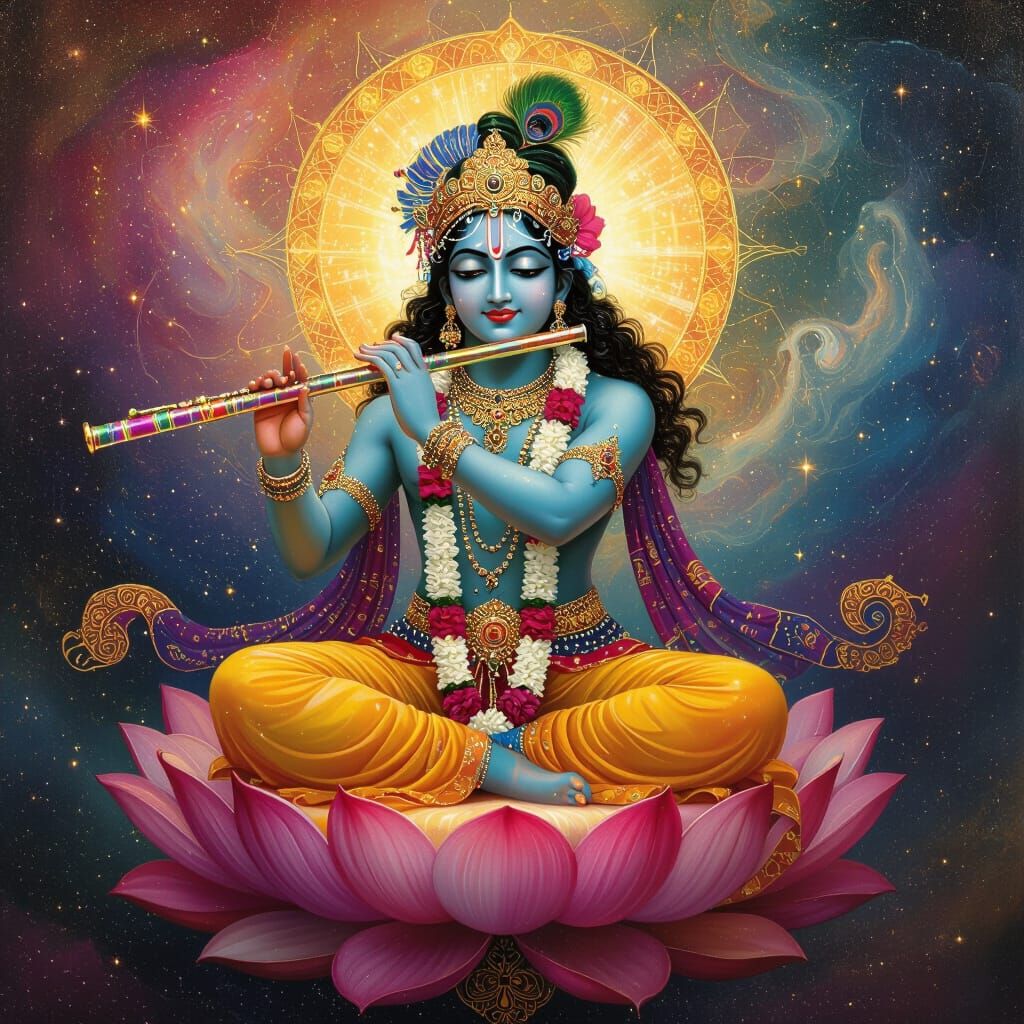 Krishna on Lotus Throne in Nebula, Dreamlike Art