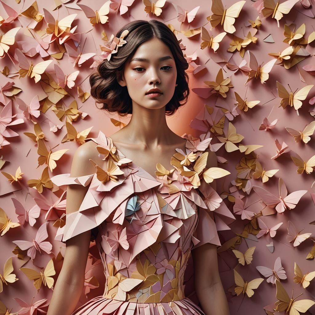 Model in Pink Dress with Origami Butterflies