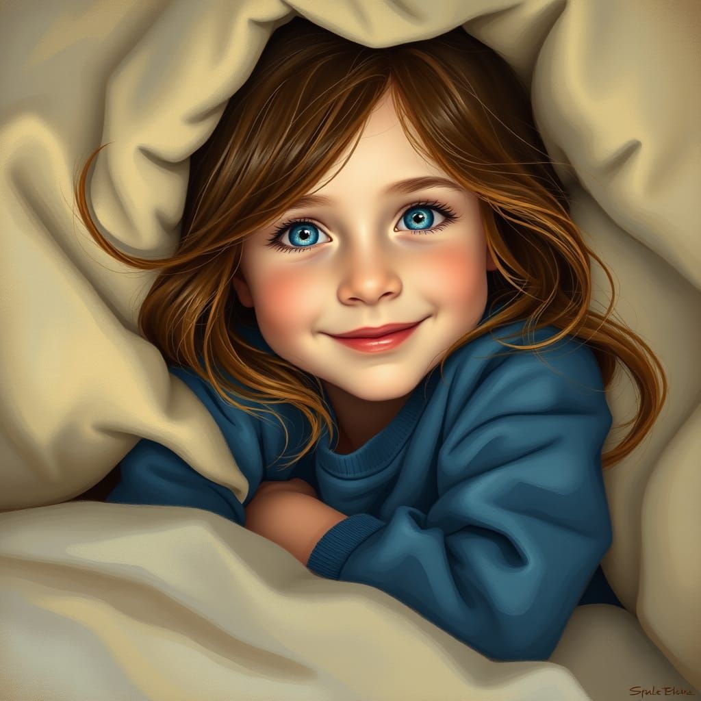 Cozy Young Girl Smiling Under Bed Covers