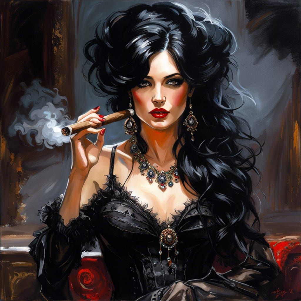 Beautiful Woman in Lingerie Smoking Cigar, Gothic Art