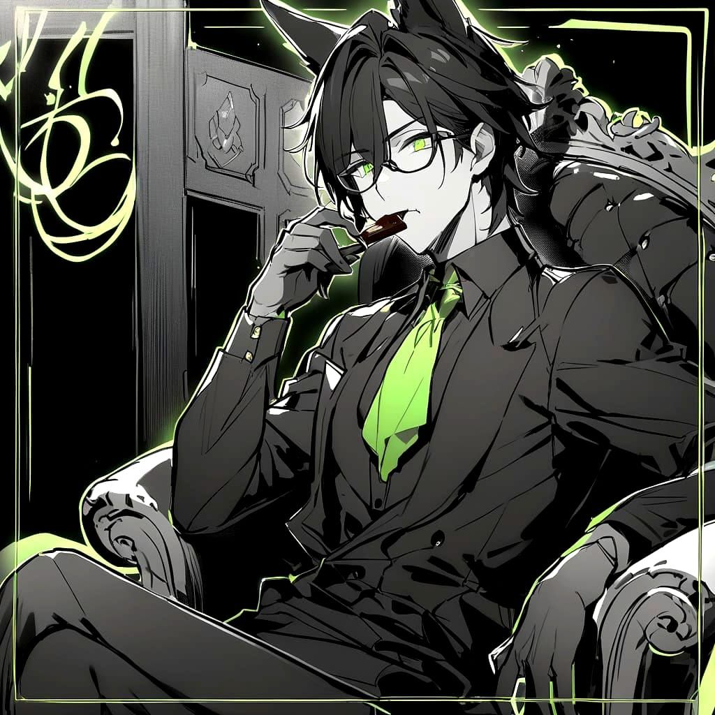 Lime Green Anime Boy with Fox Ears Eating Chocolate