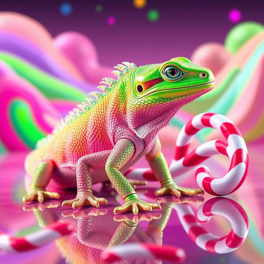Vibrant Lizard in a Whimsical Candy Wonderland