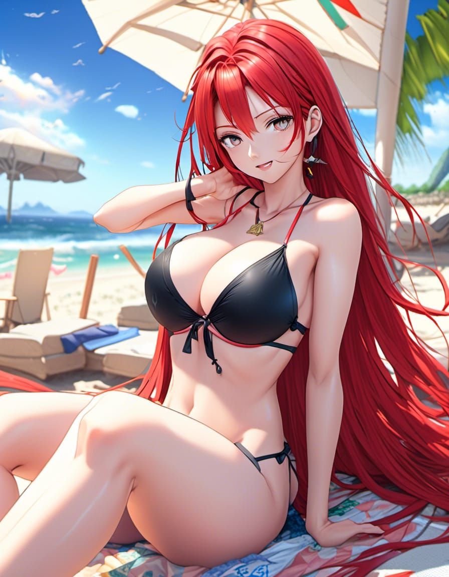 Anime Girl with Red Hair on Beach