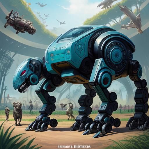 Futuristic Zoo Featuring Robot Animals in Comic Book Style