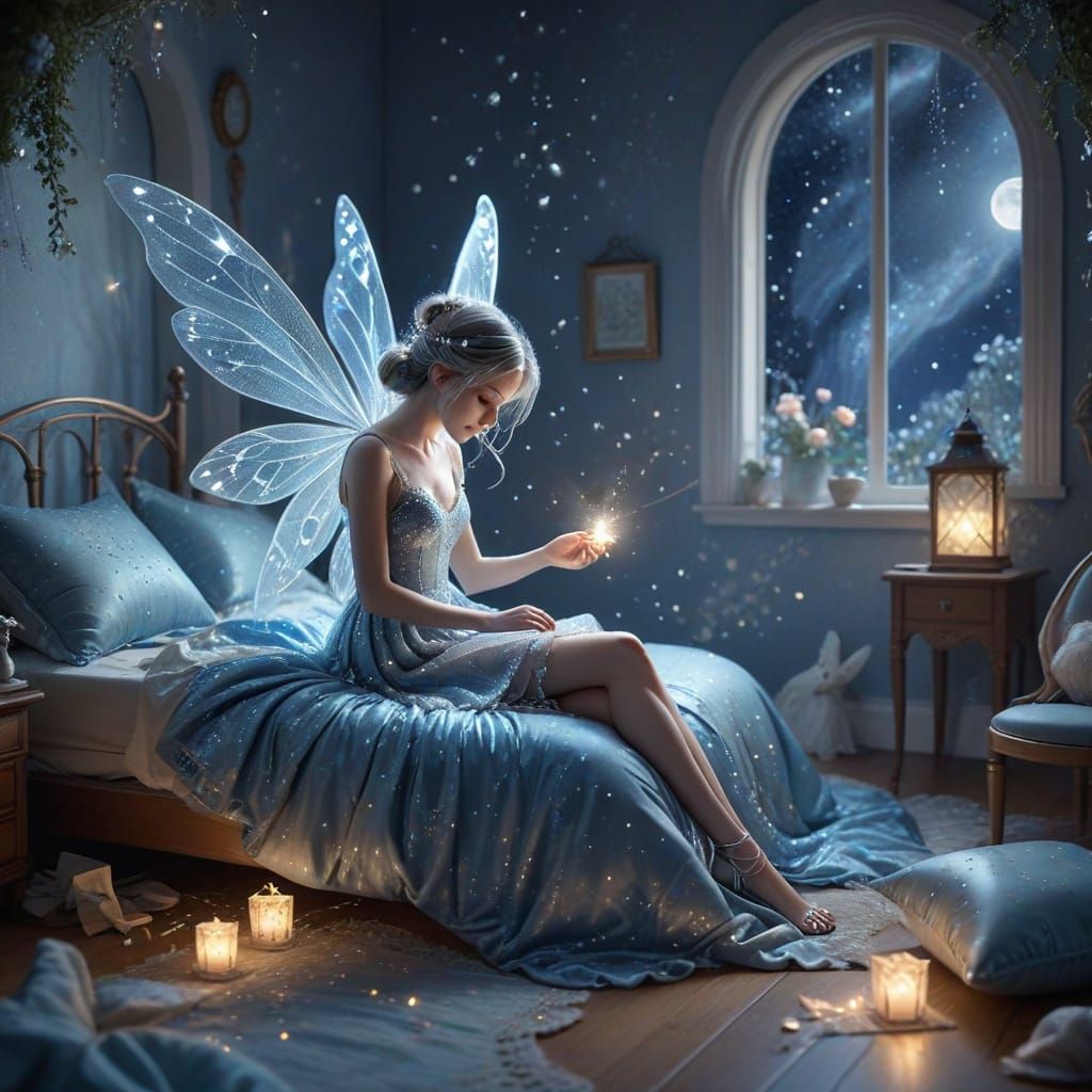 Whimsical Fairy Collects Tooth Under Pillow