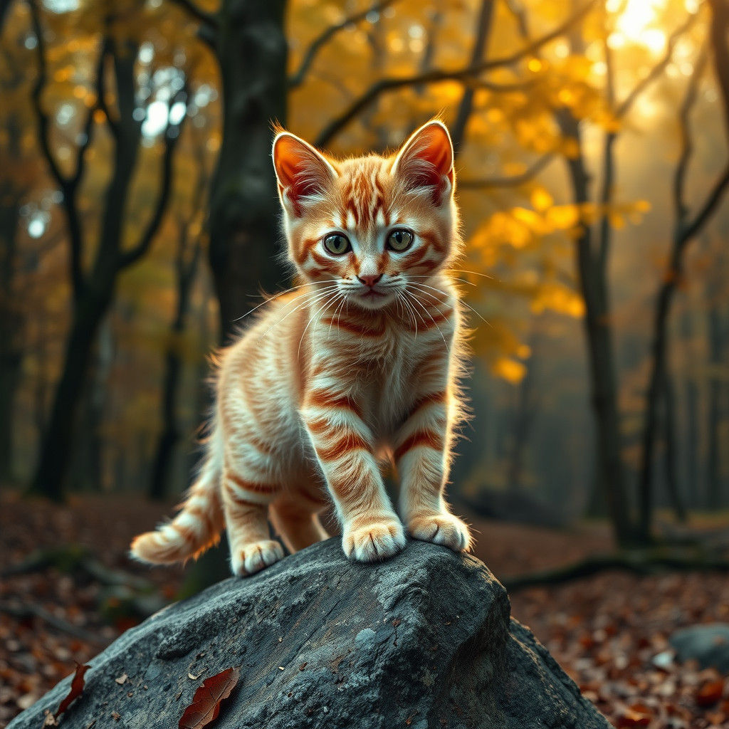 Orange Tabby Kitten in Autumn Forest