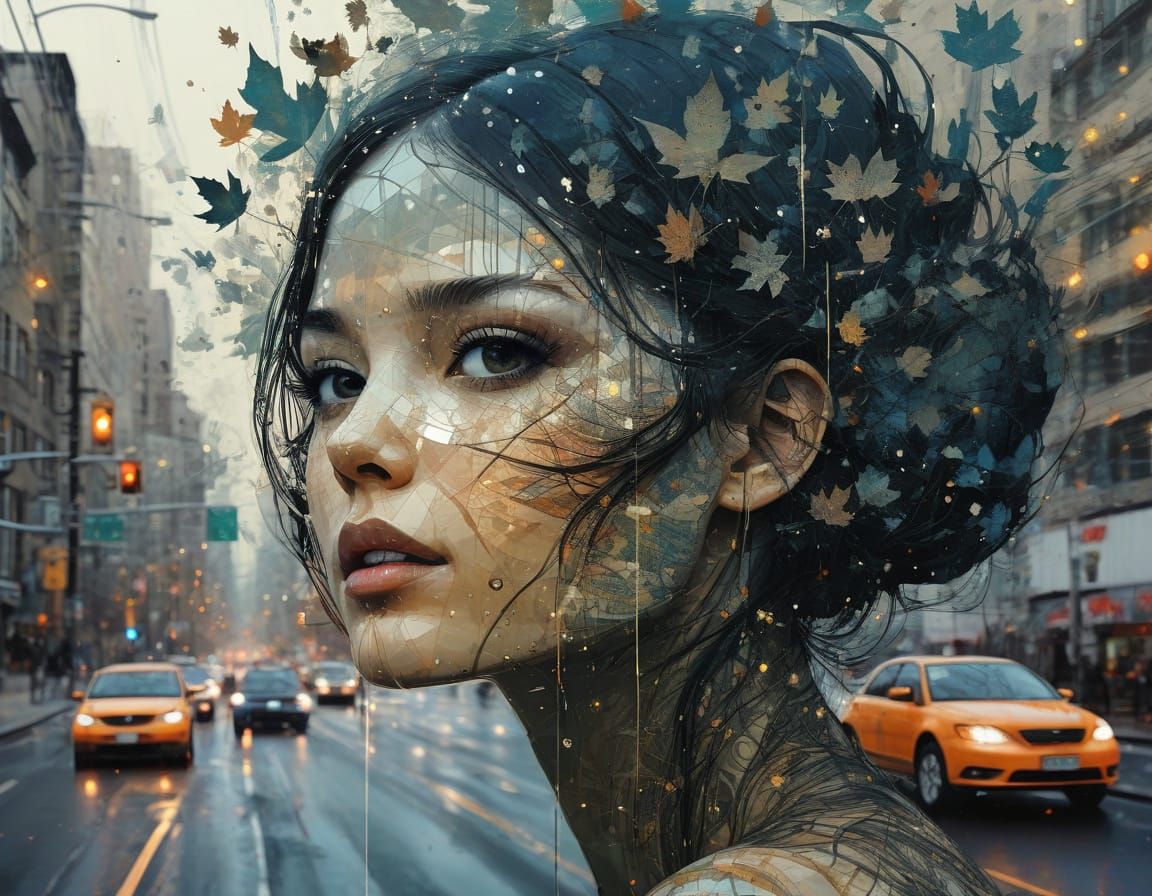 Galaxy Drips into Cityscape with Autumn Leaves