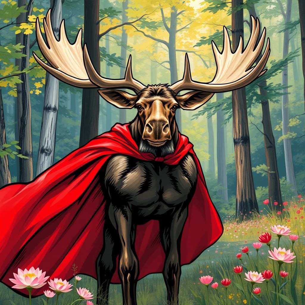Majestic Moose in Impressionist Comic Book Style