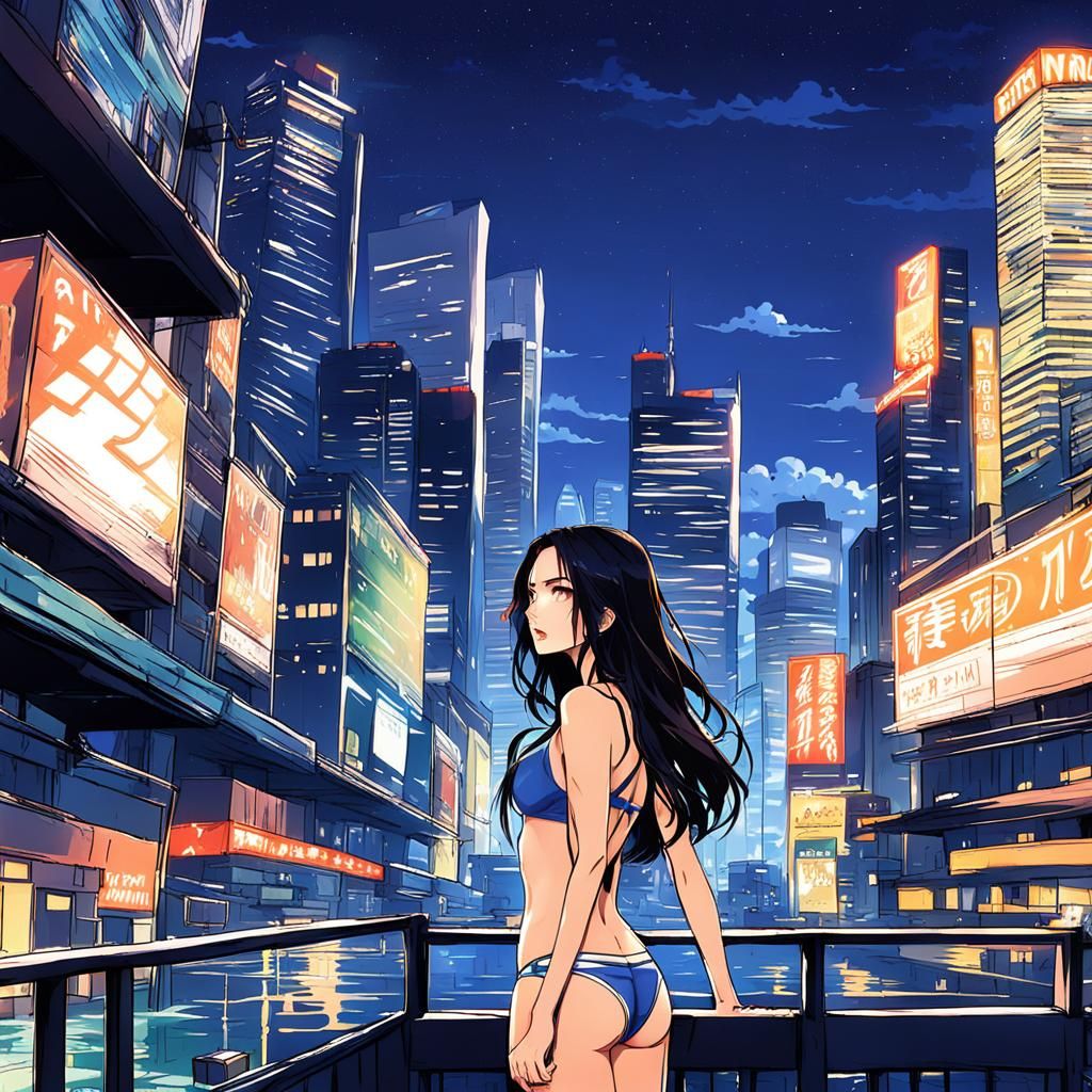 Anime Cityscape: Woman Gazing at Horizon