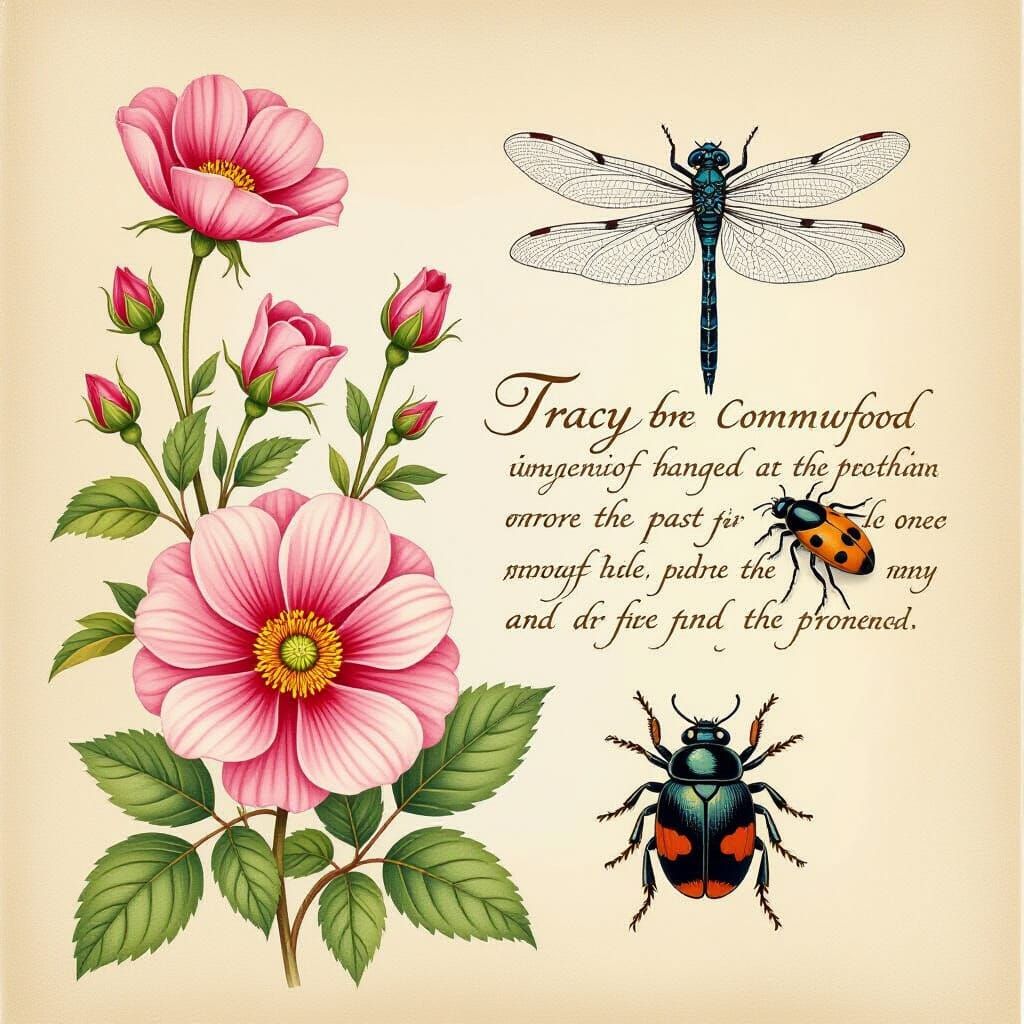 Botanical Collage with Insects in Vintage Pastel Style