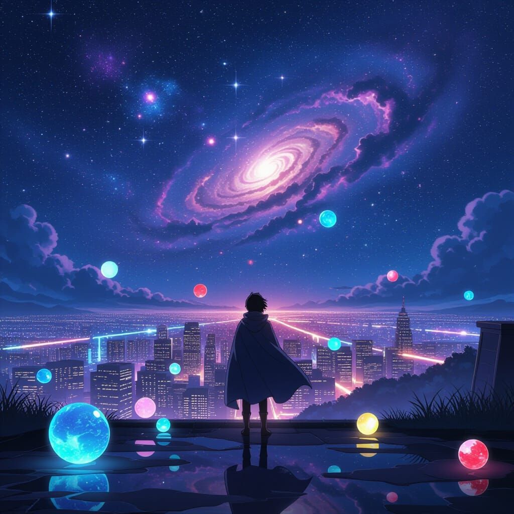 Glowing City Under Starry Anime Sky
