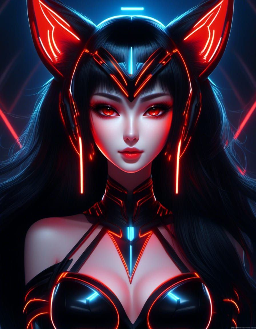 TRON inspired Beautiful Fox Girl, Long Black Hair, Red Eyes,...