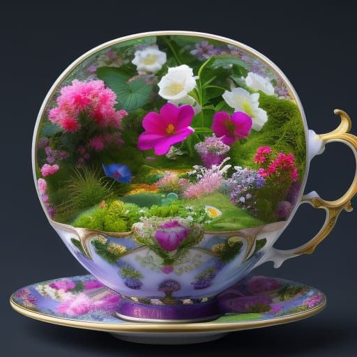 Garden Teacup: Intricate 3D Digital Illustration