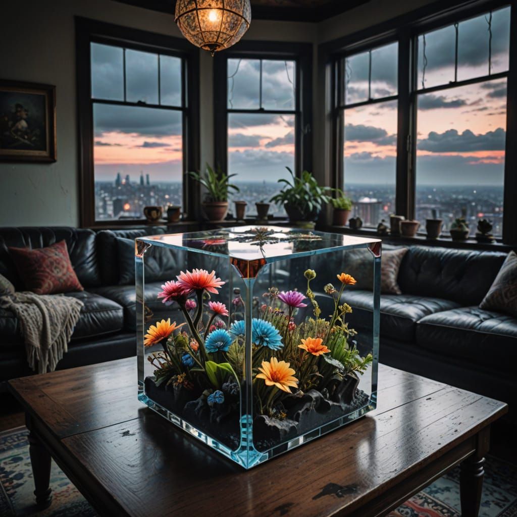 A Glass Cube Containing a Vibrant, Hyperrealistic Cosmos