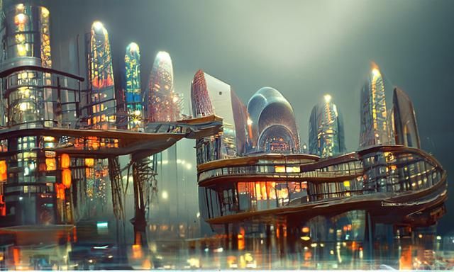 Futuristic Cityscape Under Milky Way in Art Nouveau Style