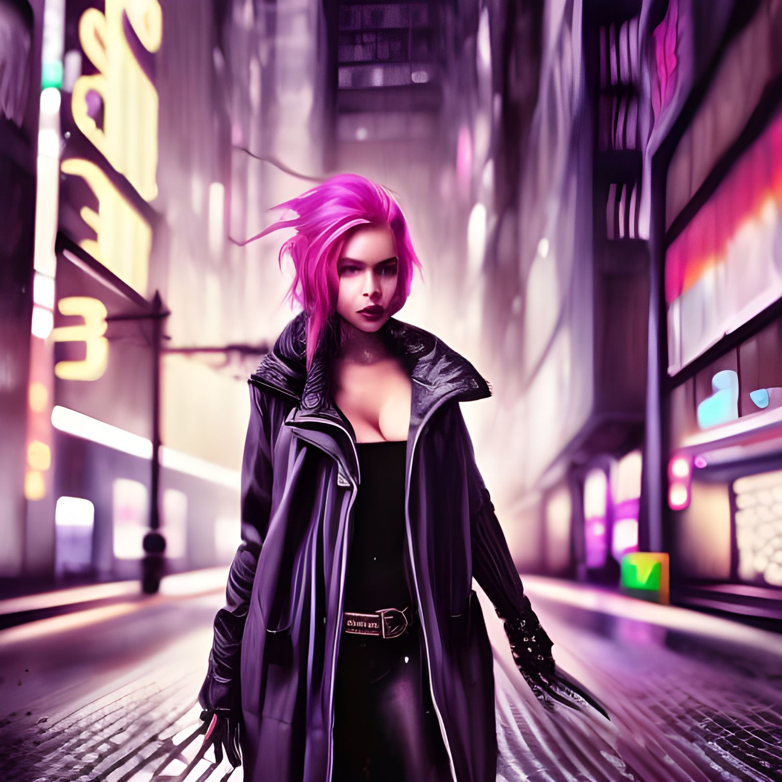 Pink Haired Model in Rainy Cyberpunk City