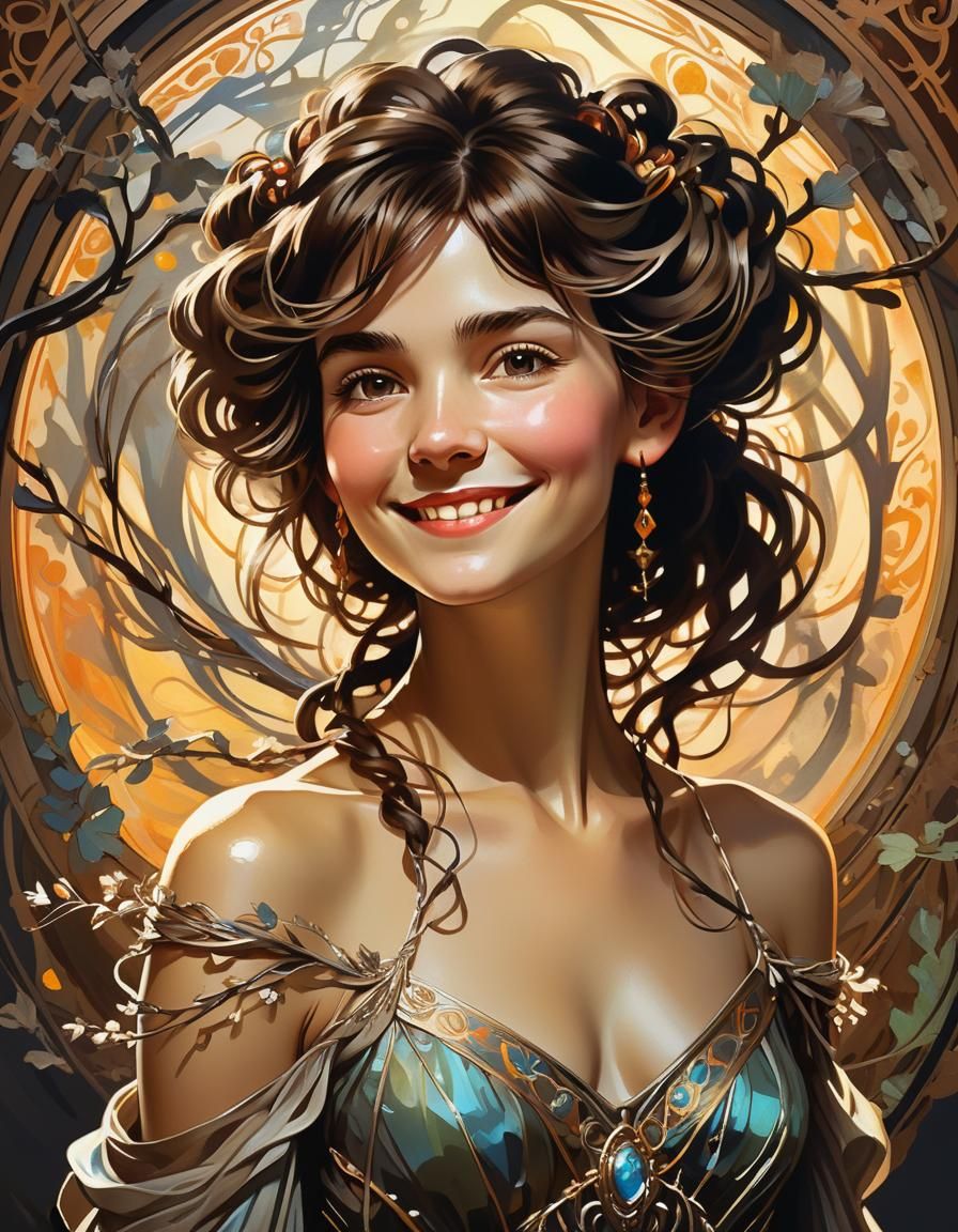 Smiling Woman with Tangled Hair in Art Nouveau Style