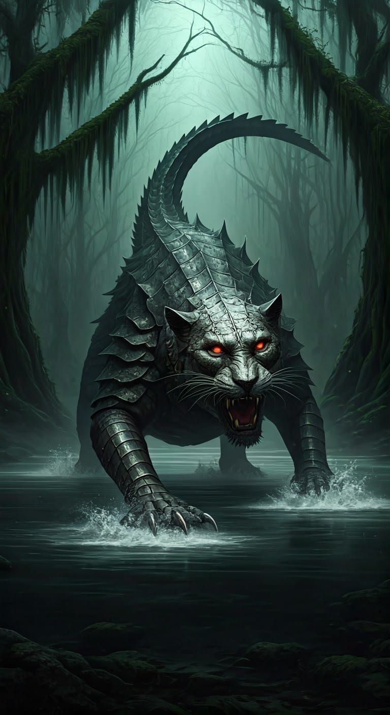 Demonic Panther-Alligator Hybrid in Mystical Swamp