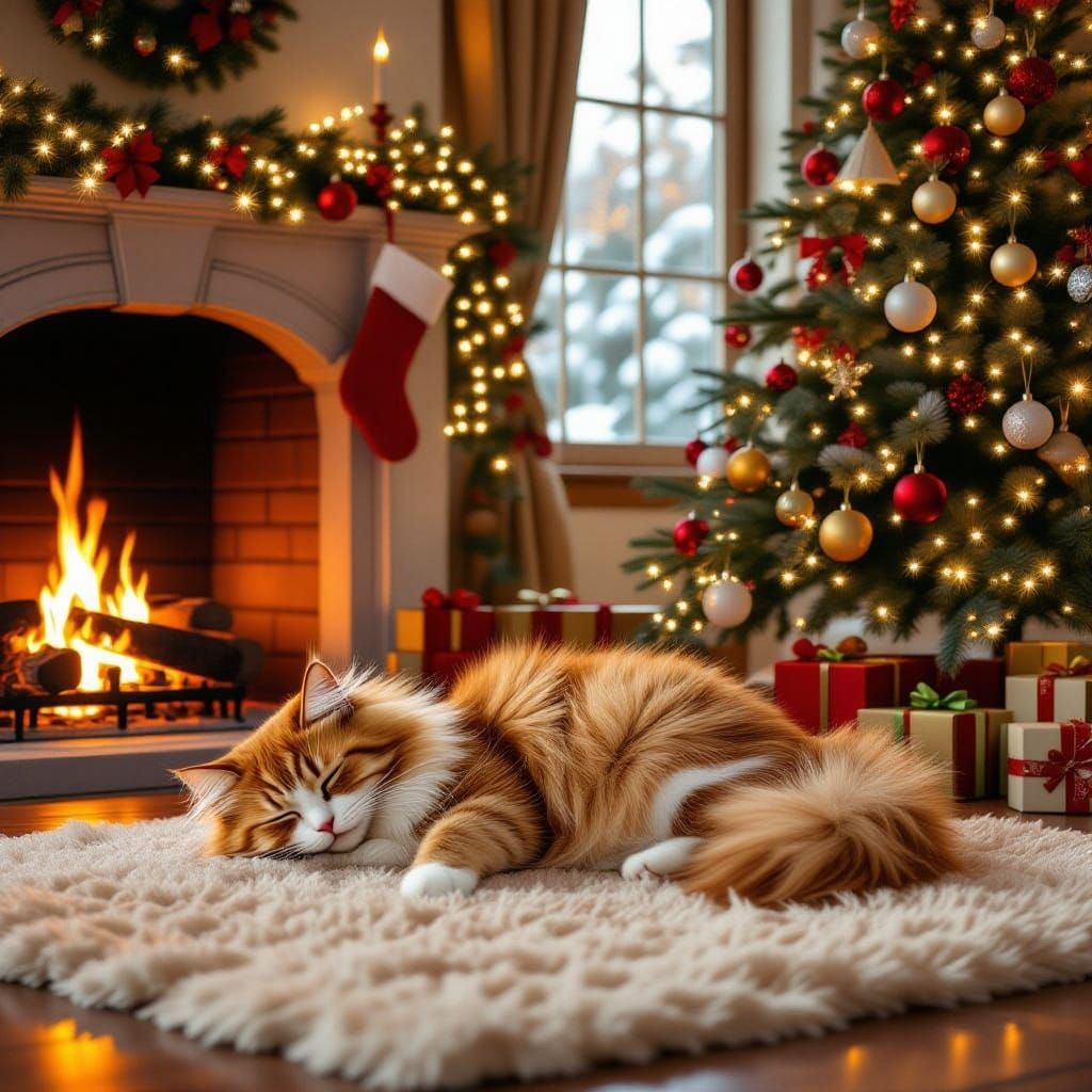 Ginger Cat Sleeps by Festive Fireplace in Neo-Cubist Style