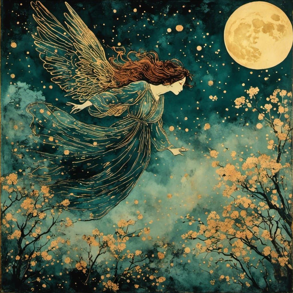 Angel Descending from Night Sky in Painterly Style
