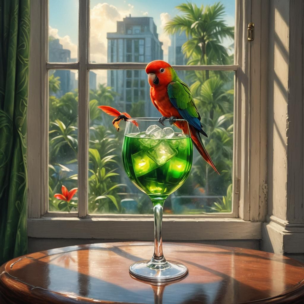 Lovebird Contemplates Cocktail: A Detailed Pencil Drawing