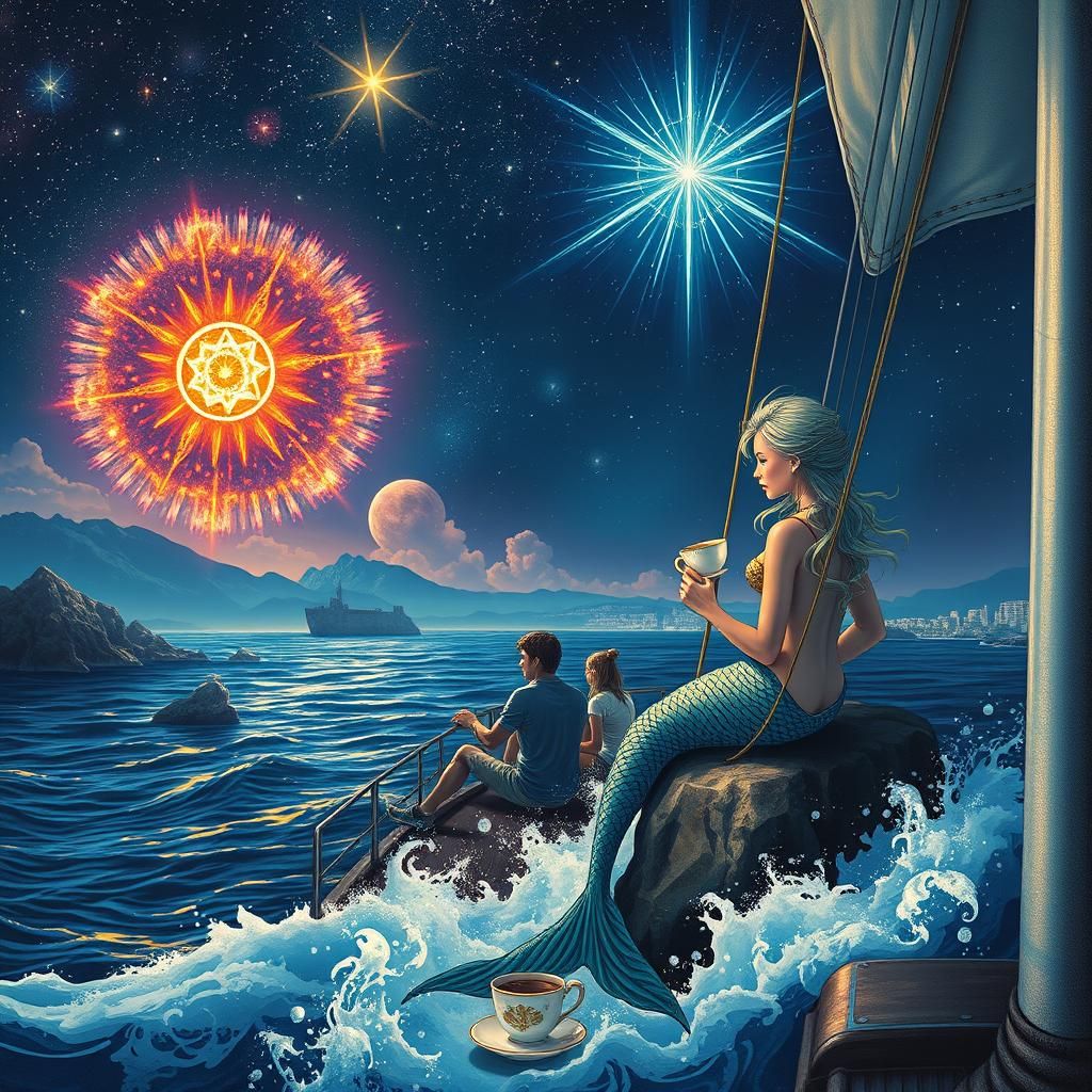 Mermaid Sipping Coffee Under Exploding Star, Gritty Hyperrea...