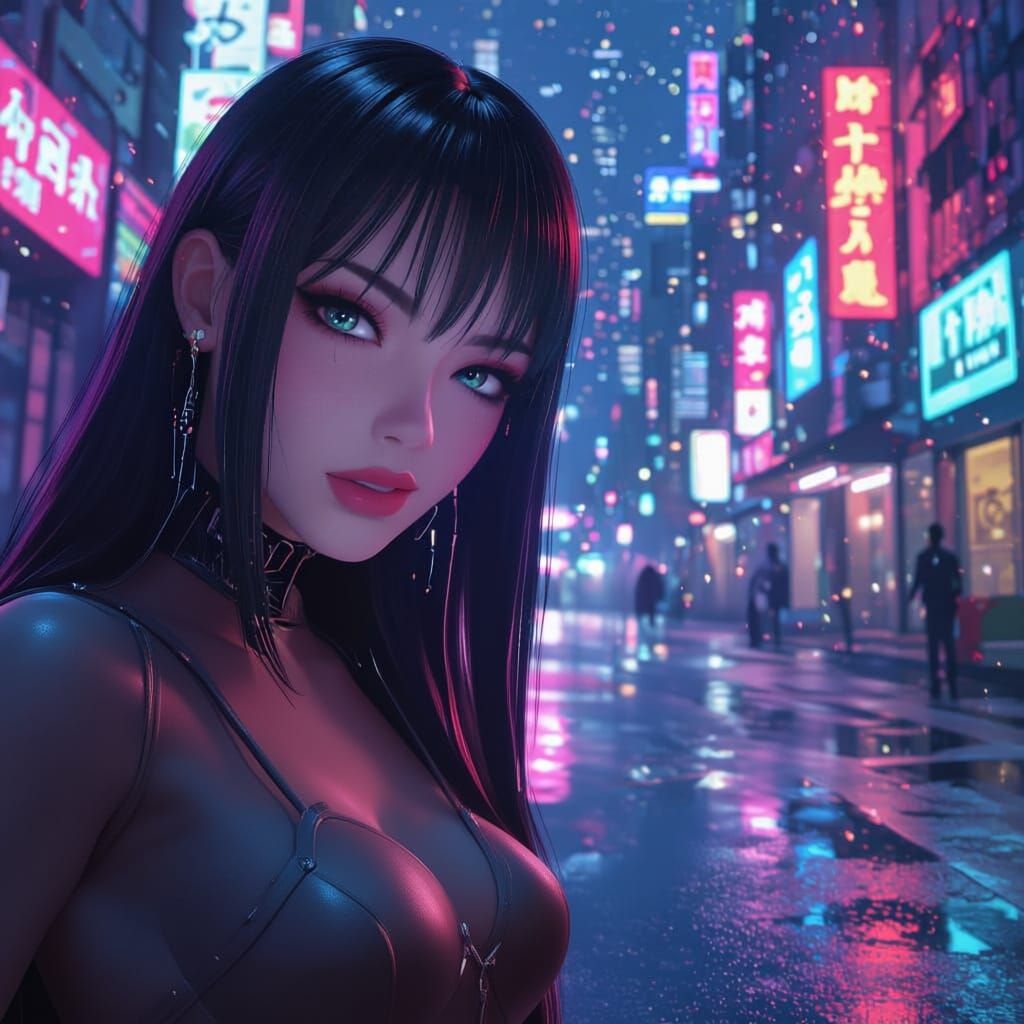 Anime Women with Bioluminescent Nails in Cyberpunk City