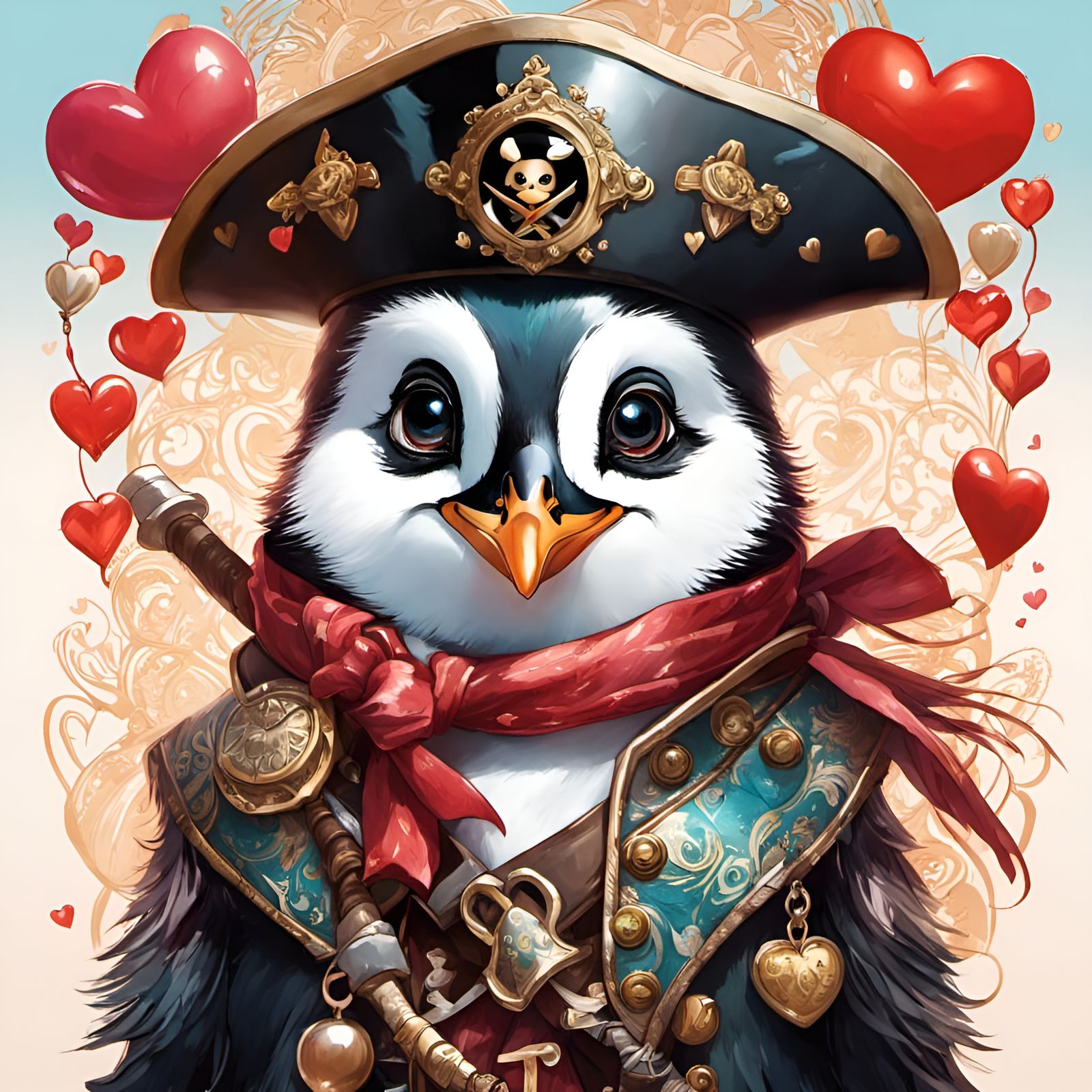 Adorable Chibi Penguin Pirate Portrait with Hearts