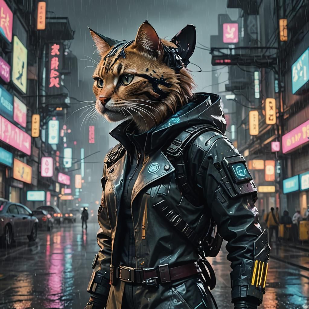 Feline Sci-Fi Protagonist in Cyberpunk Cityscape