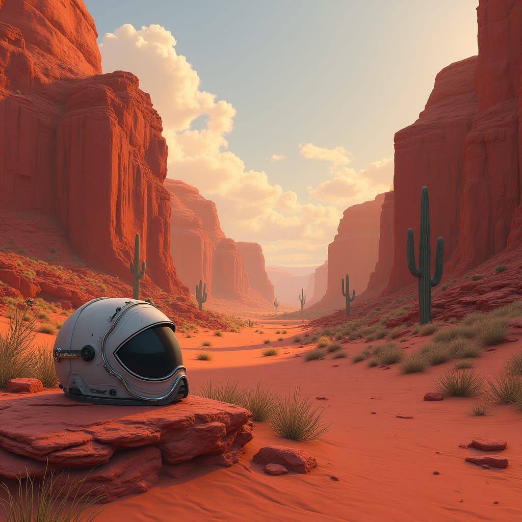 Red Sandy Desert Canyon with Caves in Hyperrealism