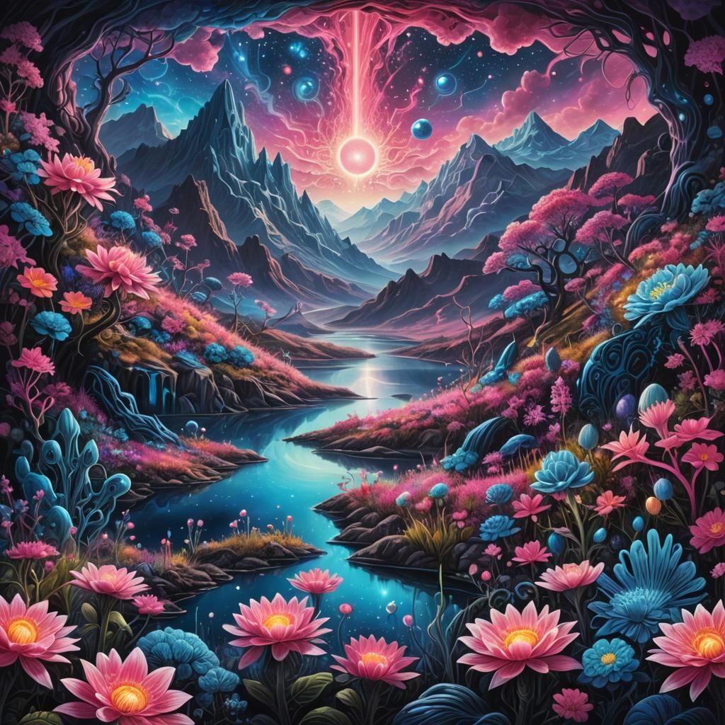 Cosmic Mountain Valley with Neon Flowers