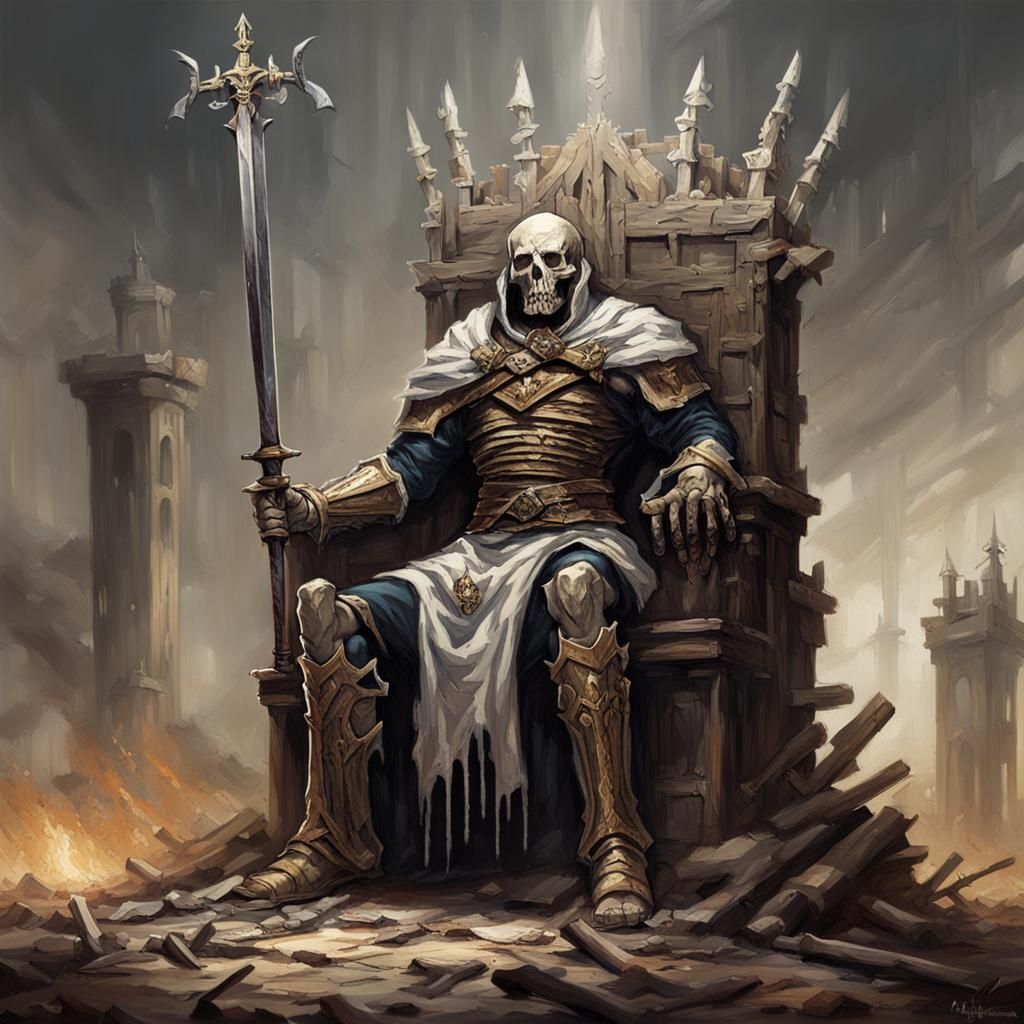 Battle-Scarred King on Bone Throne with Claymore