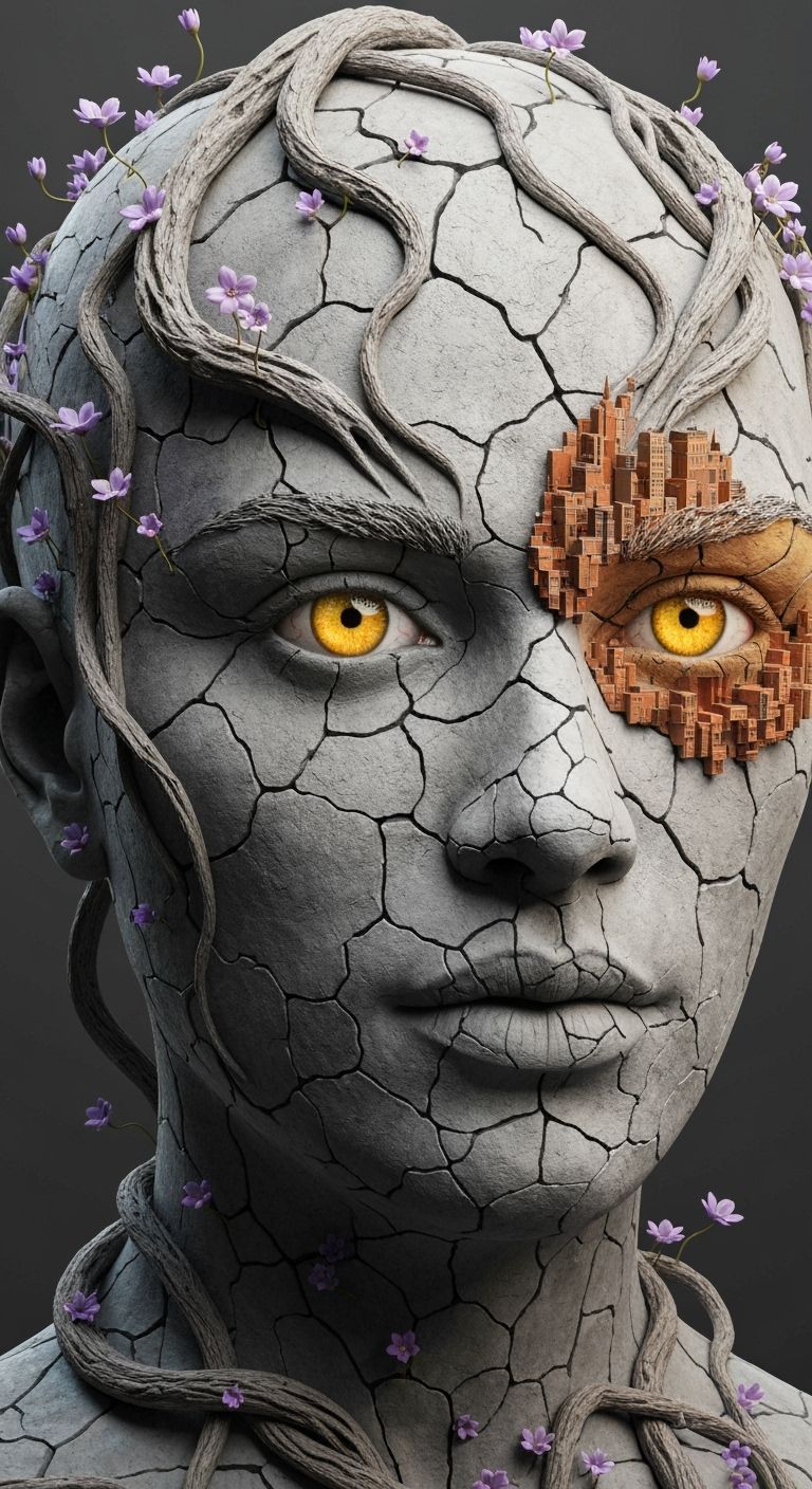 A humanoid face made of gray, cracked stone or clay, with in...