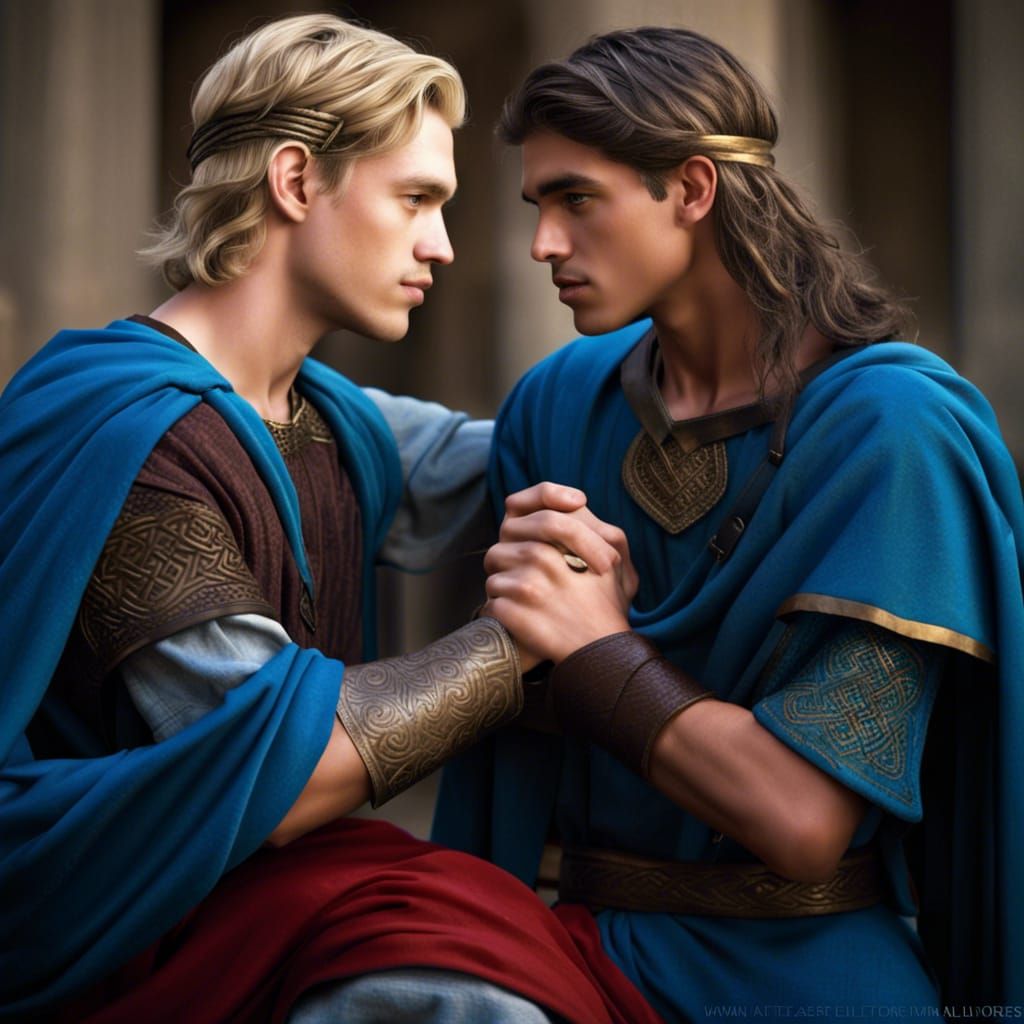 Celtic and Roman Youths Embrace: Hyperrealistic Rendering