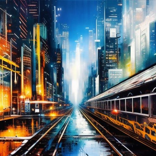Night City Train in Hyperdetailed Digital Gouache