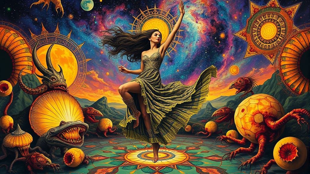 Surreal Woman Dancing in a Bosch-Inspired Utopia